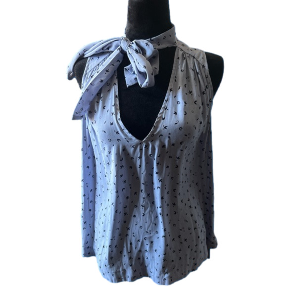 Free People  Blue Floral Neck Bow Tie Blouse Top small - Picture 7 of 12